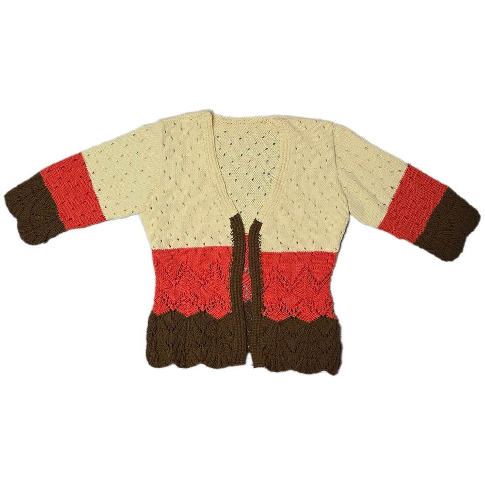 Vintage Knit Cardigan Sweater‎ Open Front Beige Brown Orange, Candy Corn (T)